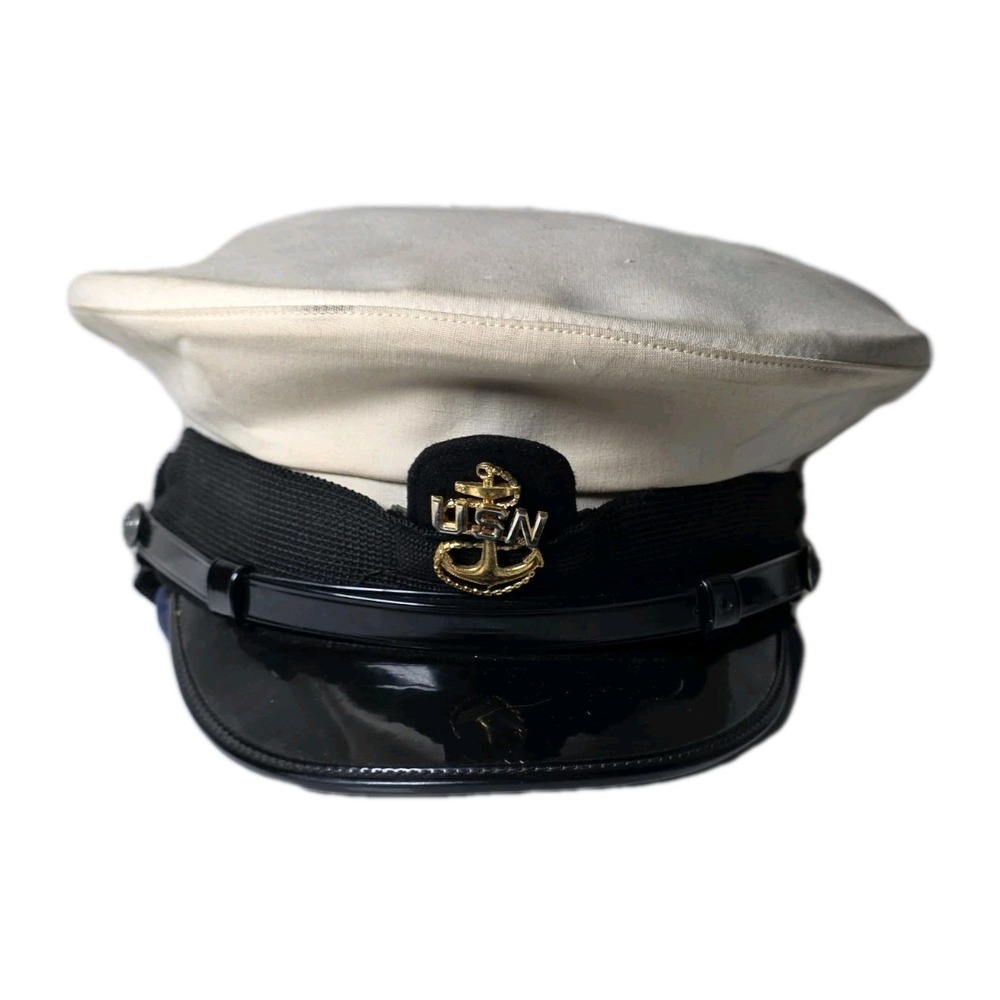Vtg U.S. Navy Cap Chief Petty Officer CPO Bancroft White Hat Size 7 1/4